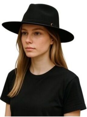 Artisan NY Black Fedora Hat Wool Felt Wide Brim Faux Leather Band NEW